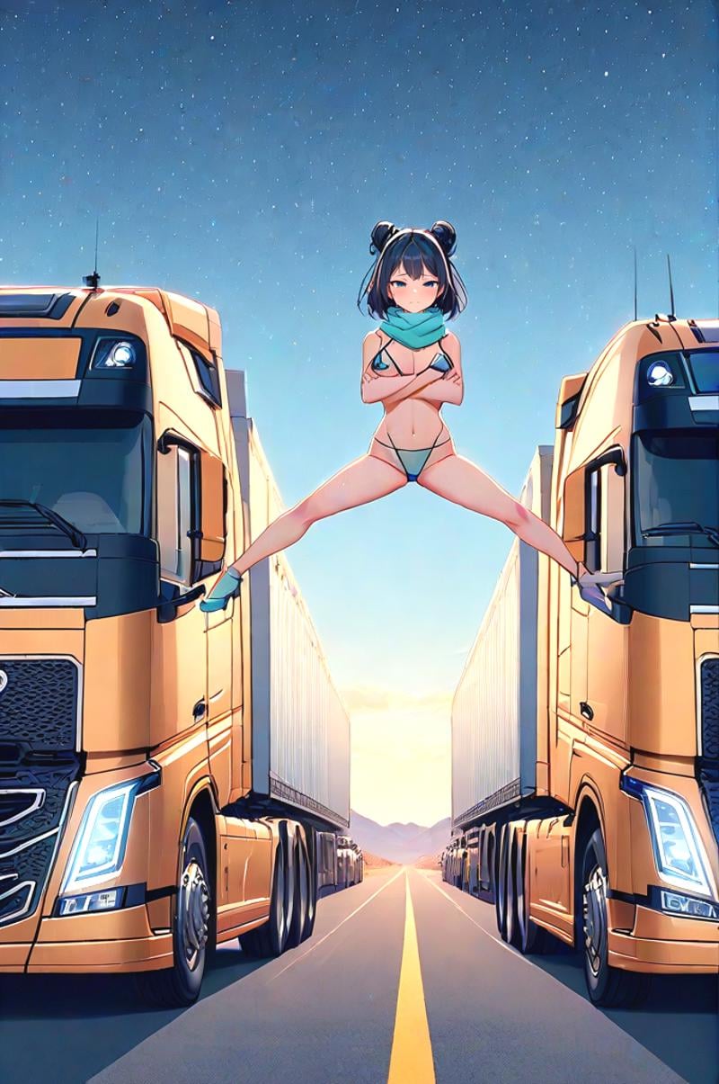 source_anime, score_9, score_8_up, score_7_up, score_6_up, score_5_up, score_4_up, masterpiece, best quality, very aesthetic, absurdres, wide shot, pantyshot, big truck, golden truck, epic split, split, crossed arms, spread legs, outstretched leg, sky, wind, volvo, desert road, center line, distant sierra, vanishing point, headlight, closed mouth, night, starry sky, solo, 1girl, cute, looking at viewer, black hair, updo, mint micro bikini, straps, mint scarf, mint high heels, sweat, cleavage, shy, blush, slim figure, <lora:girllikeepicsplit_pony:1>