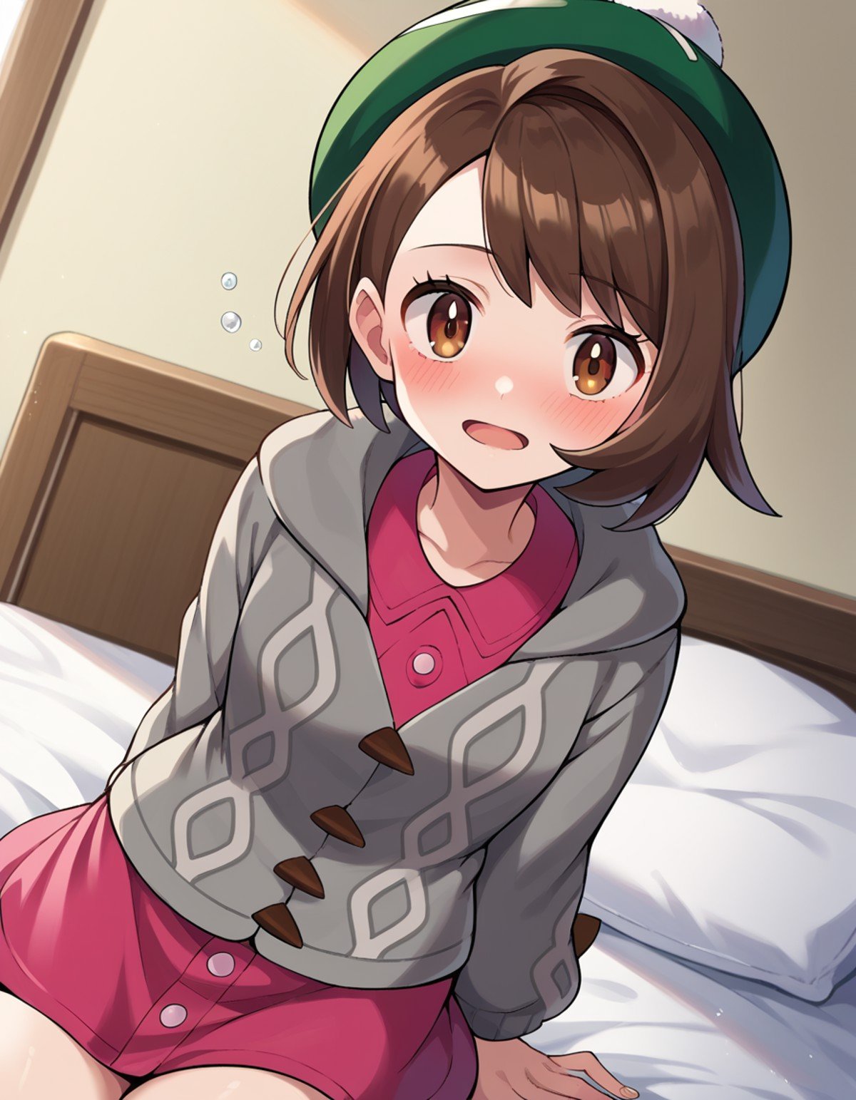 score_9, score_8_up, score_7_up, source_anime,pokemongloria, <lora:pokemon-gloria-ponyxl-lora-nochekaiser:1>pokemongloria, brown eyes, brown hair, medium hair,cardigan, dress, green headwear, grey cardigan, hood, hood down, hooded cardigan, long sleeves, pink dress, short dress,indoors, bed, bed room, on side, blush, drunk,looking at viewer, cowboy shot, dutch angle,