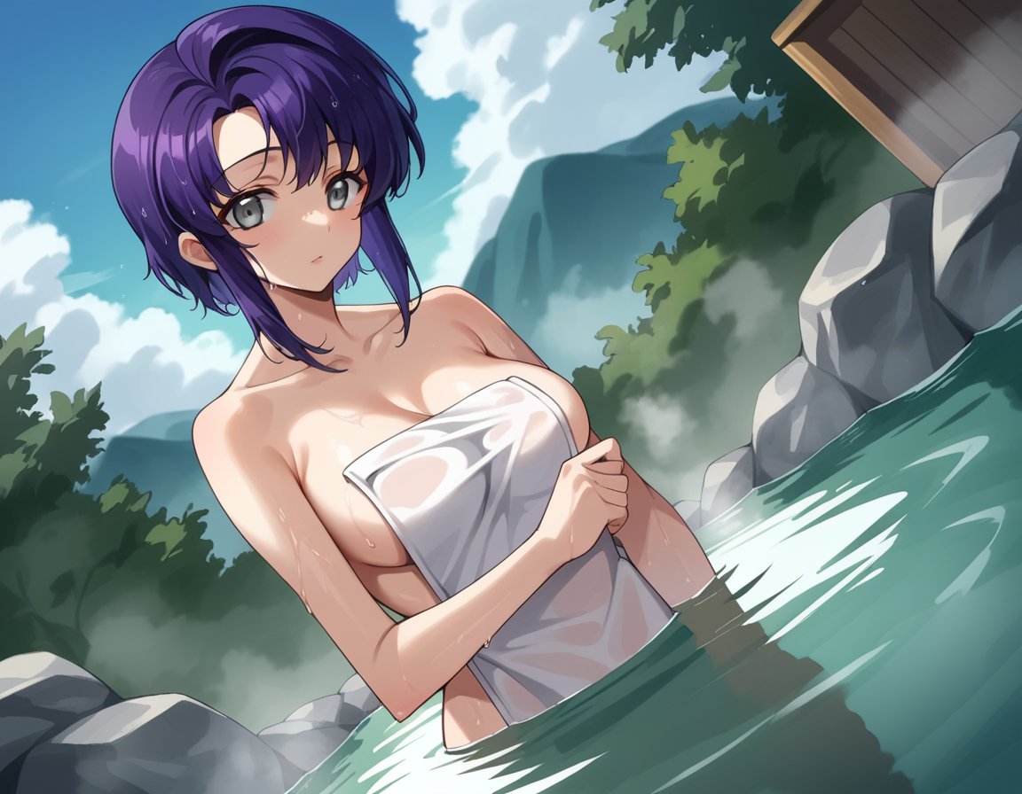 score_9, score_8_up, score_7_up, source_anime,cecilecroomy, <lora:cecile-croomy-s1-ponyxl-lora-nochekaiser:1>,cecile croomy, short hair, grey eyes, purple hair,nude, naked, outdoors, onsen, towel, naked towel, steam, bathing, nude cover, partially submerged, water, bath, steam censor, wet towel,looking at viewer, dutch angle, cowboy shot, solo,