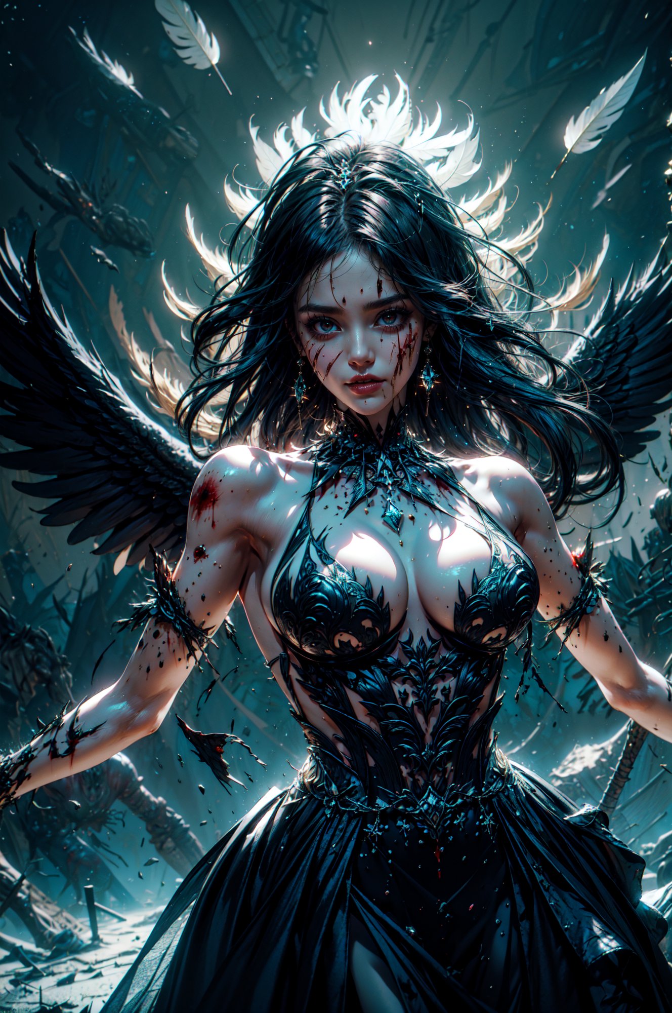 Stunning girl wearing a black LAstargalaxydress, (black dress:1.4), hair moved by wind, (black hair), beautiful red eyes, long hair, <lora:LAstargalaxydress:0.65> , (large black wings), (falling feathers), halo, (onyx tiara), (ornaments_earrings:1.1), large breasts, (torn clothes:1), ((battle worn, tired, bloody. blood splashes):1.3), BREAK,(masterpiece), perfect anatomy, intricate, (highly detailed), photorealistic, perfect anatomy, cinematic lighting, shading, best quality, ultra-detailed, (illustration), looking at viewer,  (extremely detailed dress design), fantasy theme, dynamic pose, stunning details, (heavenly background:1.3), (dark theme:1.3), (battlefield, fighting stance, battle, war, red moon, horror), <lora:clothing_explosion_lora01:0.8> <lora:angelx_halo_lora01:0.4> <lora:GoodHands-vanilla:0.8>