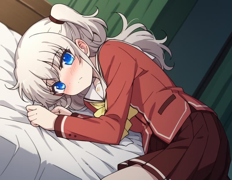 score_9, score_8_up, score_7_up, source_anime,naotomori, <lora:nao-tomori-s1-ponyxl-lora-nochekaiser:1>,nao tomori, long hair, blue eyes, two side up,school uniform, serafuku, long sleeves, red blazer, red skirt, pleated skirt, white sailor collar,indoors, bed, bed room, on side, blush, drunk,looking at viewer, cowboy shot, solo, dutch angle,