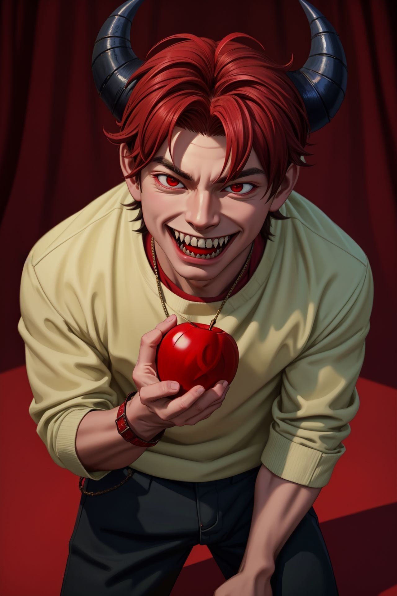 painting, art, solo, 1boy, a street, the devil, ugly, holding a red apple in his hand, devilish smile, horns, holding the apple towards viewer, evil smile, sharp teeth, movie scene, best quality, high detailed, masterpiece, 8k, detailed