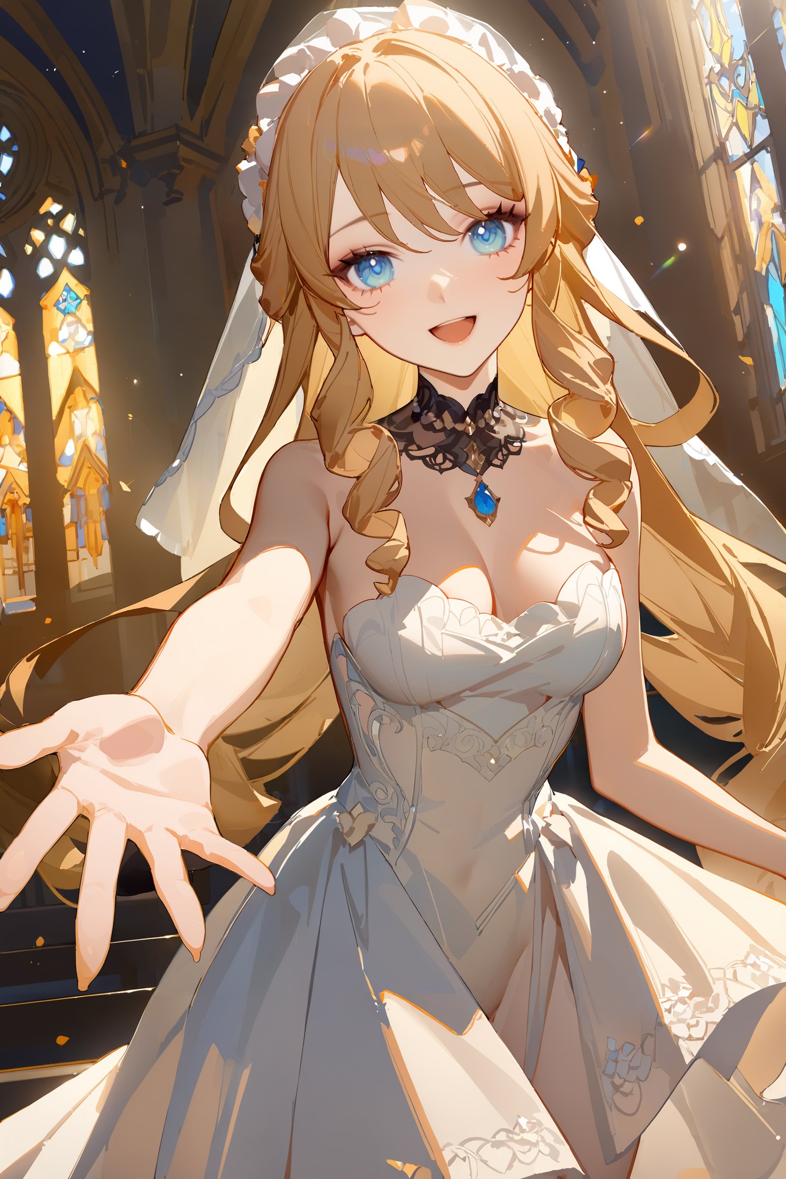 masterpiece, best quality, very aesthetic, ray tracing, newest, (hitenkei, askzy:0.4), 1girl, navia \(genshin impact\), wedding dress, bridal veil, wedding, bare arms, bare shoulders, smile, open mouth, beckoning, reaching out,  looking at viewer, cowboy shot, church, depth of field  <lora:EnvyBetterHiresFixXL01:0:hr=1>,  <lora:Char-Genshin-Navia-XL-V1:0.8>