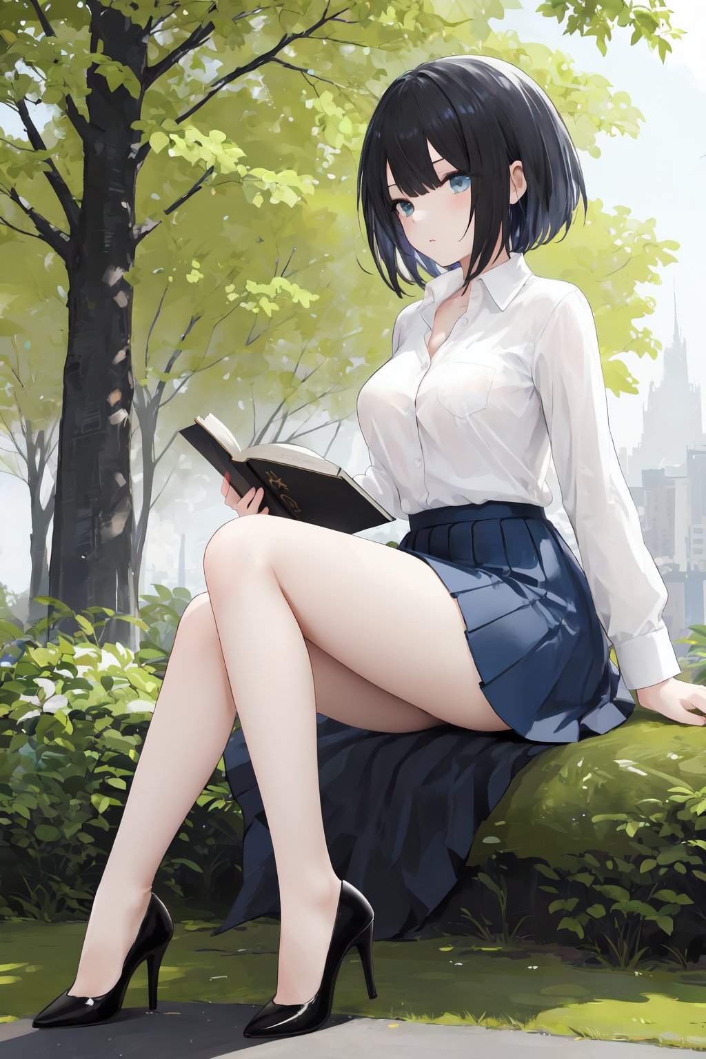 girl in high heels and wearing a skirt by a tree holding a book, 1girl, solo, skirt, high heels, shirt, black hair, short hair, blue skirt, white shirt, outdoors