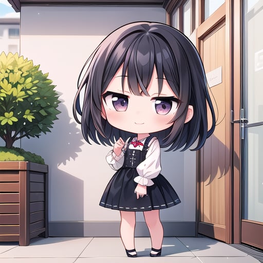 <lora:hotarueye_jitome18_v100:1>, 1girl, (chibi:1.4), smile, closed mouth, dynamic angle, standing, , black hair, indoor|outdoor|}