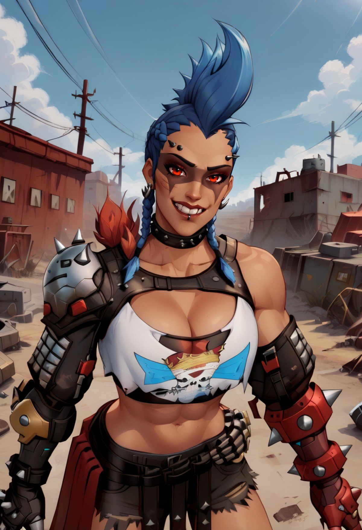 junkerqxl,blue hair,braids,mohawk,red eyes,piercing,face paint,makeup,shirt,midriff,collar,armor,collarbone,gauntlets,bare shoulders,single pauldron,standing,cleavage,looking at viewer,evil smile, teeth, outdoors,wasteland,<lora:JunkerQueenOW2:1>,