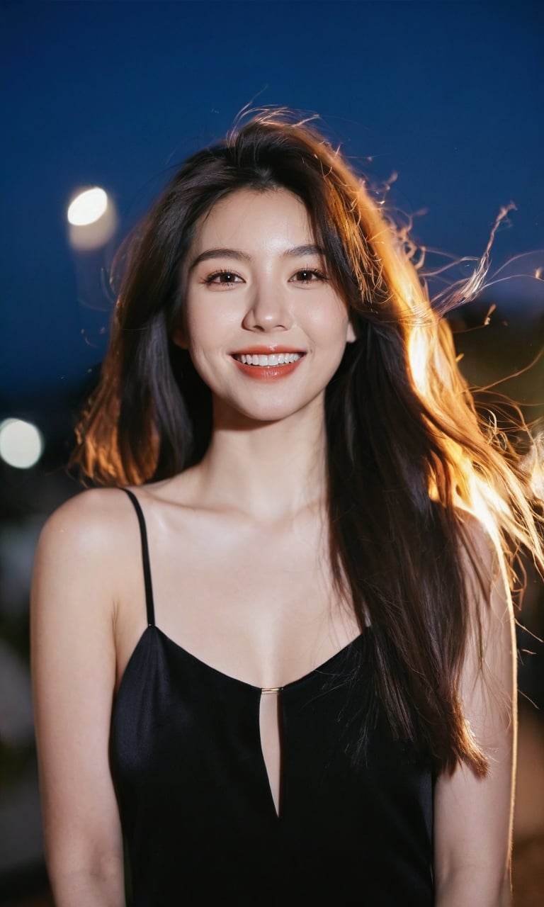 arien photography, 1girl, solo, smile, long hair, black hair, looking at viewer, realistic, blurry, blurry background, teeth, black eyes, fire, watermark, grin, upper body, brown eyes, messy hair, lips, open mouth, web address, brown hair, bare shoulders, dress, night, outdoors