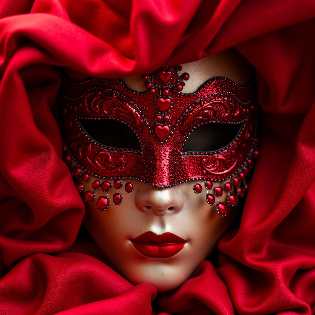 a close up of a red mask with red beads and hearts,masked,red adornments,( ( mask ) ),masks,carnival mask,masquerade mask,masked face,wearing a bejeweled mask,deep red background,dark red background,vampre the masquerade,the queen of hearts,drama masks,queen of hearts,masked heroes,mask,carneval,venetian red,theater mask,anonymous mask,masked person in corner,wearing mask,red adornements,super hero mask,from commedia dell'arte,gothic romance,love theme,carnival background,love is the most relevant theme,romantic themed,red color theme,fantasy blindfold,