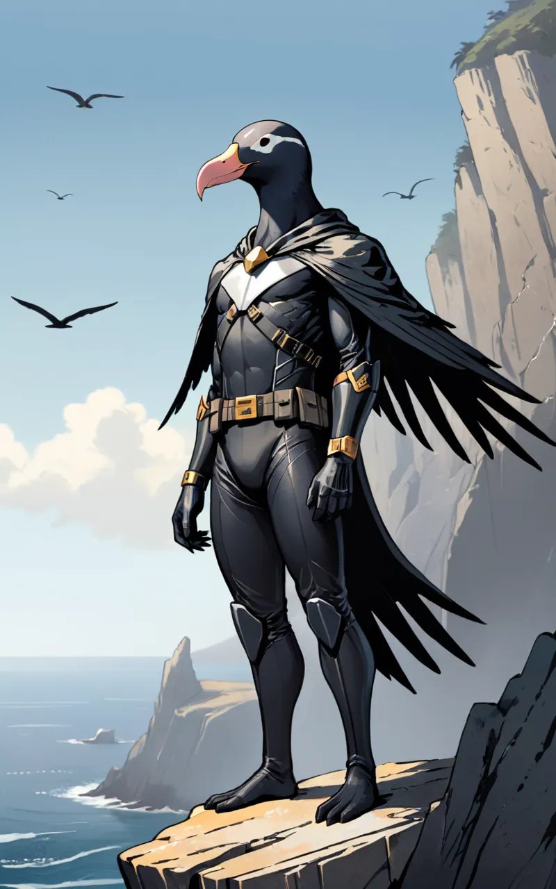 Illustration of a sleek, black albatross equipped with a full-body assassin suit, complete with hidden blades, a utility belt, and a sinister gaze, perched on a rocky cliff overlooking the ocean with an air of mystery and danger