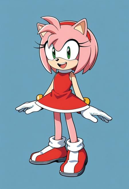 score_9, score_8_up, score_7_up, score_6_up, score_5_up, score_4_up,sonic \(series\), amy rose, gloves, 1girl, white gloves, animal nose, green eyes, furry, happy, smile, pink fur, open mouth, furry female, pink hair, dress, solo, sleeveless, animal ears, sleeveless dress, full body, flat chest, standing, red dress, blue background, jewelry, looking at viewer, hairband, short dress, teeth, body fur