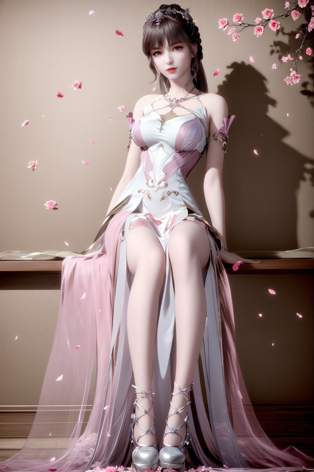 (8k, RAW photo, best quality, masterpiece:1.2),hatching (texture),skin gloss,light persona,artbook,extremely detailed CG unity 8k wallpaper,official art,(high detailed skin),glossy skin,contrapposto,female focus,sexy,fine fabric emphasis,wall paper,flower,lotus,hair ornament,branch,sitting,lily pad,tree,petals,leaf,forehead mark,1girl,solo,looking at viewer,full-body,pov,ribbon,flower,petals,pink flower,pink_dress,white_dress,long skirt,xwhd,<lora:0325xw32-000012:0.8>,ll-hd,<lora:1111白皙质感:0.5>,ty-hd,ty-hd,<lora:0110田野:0.6>,<lora:GoodHands-vanilla:1>,