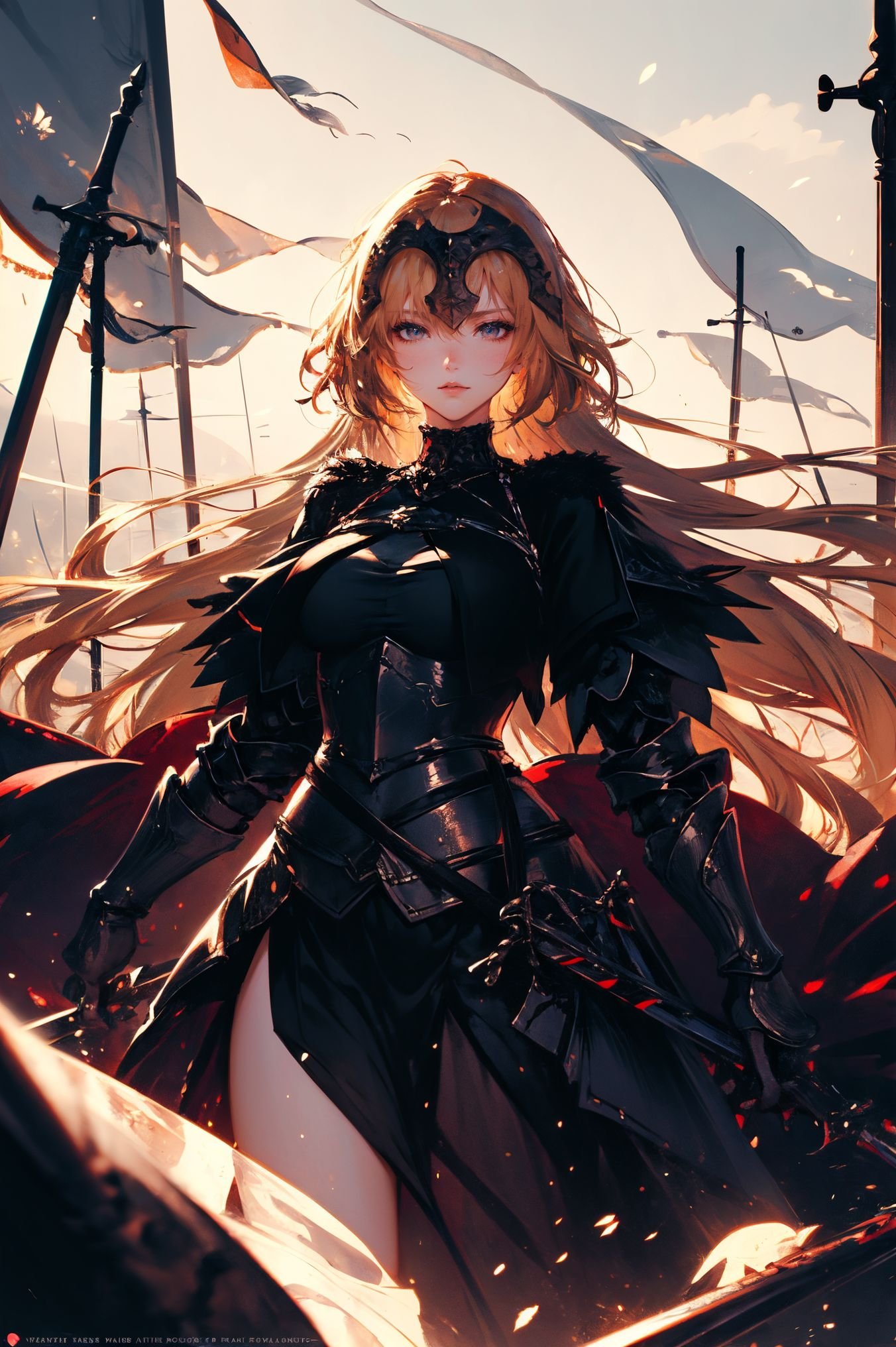 a stunning art,abstract,flowery,predominantly white,dynamic pose,centered,key visual,intricate,highly detailed,breathtaking beauty,precise lineart,vibrant,comprehensive,cinematic,xuer Jeanne D Arc,<lora:绪儿-黑贞德 xuer Jeanne D Arc:0.8>,