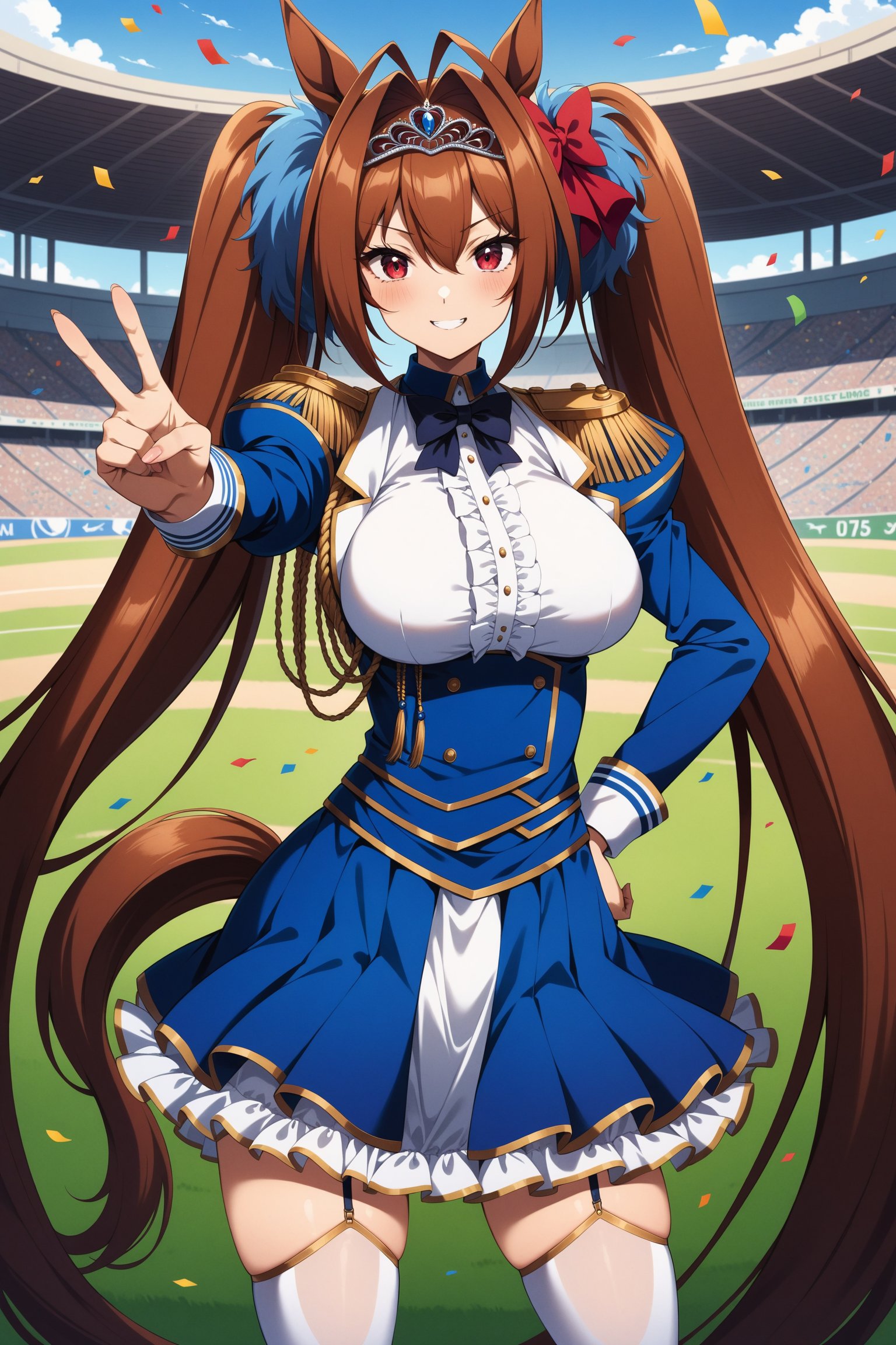 (masterpiece, best quality, very aesthetic, ultra detailed), intricate details, 4k, anime style, aadaiwa, long hair, twintails, hair bow, animal ears, tiara, horse tail, blue bowtie, epaulettes, framed breasts, underbust, center frills, blue dress, long sleeves, layered skirt, garter straps, white thighhighs, <lora:daiwa_scalet_XL_v1:0.9>, standing, hand on hip, smile, peace sign, v, reaching, stadium, confetti, 