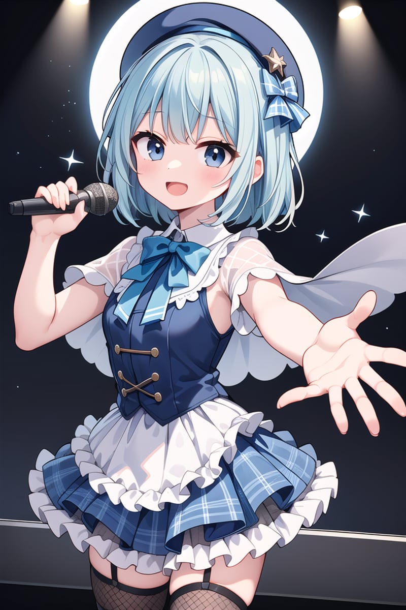 insanely detailed, absurdres, ultra-highres, ultra-detailed, best quality,1girl, solo, nice hands, perfect handsBREAK(nsfw:-1.5),(gothic drress, Idol costume:1.3), (blue and white theme:1.2), (white blouse:1.4), (white collar, tie:1.3), (open short-cape:1.3), (short sleeve:1.2), (blue tartan-check pattern (ruffle-skirt, multilayer-skirt):1.4), (white basque-beret with ribbon:1.3), (Fishnet stockings:1.3), (glove:1.2), (cleavage:-1.5)BREAKhappy smile, laugh, open mouth, (standing, singing, dancing, holding microphone:1.4)BREAKfrom above,seductive pose, cowboy shotBREAKslender, kawaii, perfect symmetrical face, ultra cute girl, ultra cute face, ultra detailed eyes, ultra detailed hair, ultra cute, ultra beautifulBREAKindoors, concert hall, idol live, crowded audienceBREAKmedium breastsBREAKgreen hair, black eyes, ballerina bun,