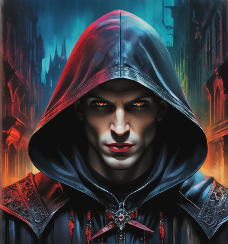 close-up of a hooded vampire on a picturesque dystopian background, intricate and elegant, centered digital painting with high detail,  watercolor, black background,Style by Gabriele Dell'otto, AI Midjourney, bright saturated colors, watercolor, oil paints, HDR, 500px, 4k,