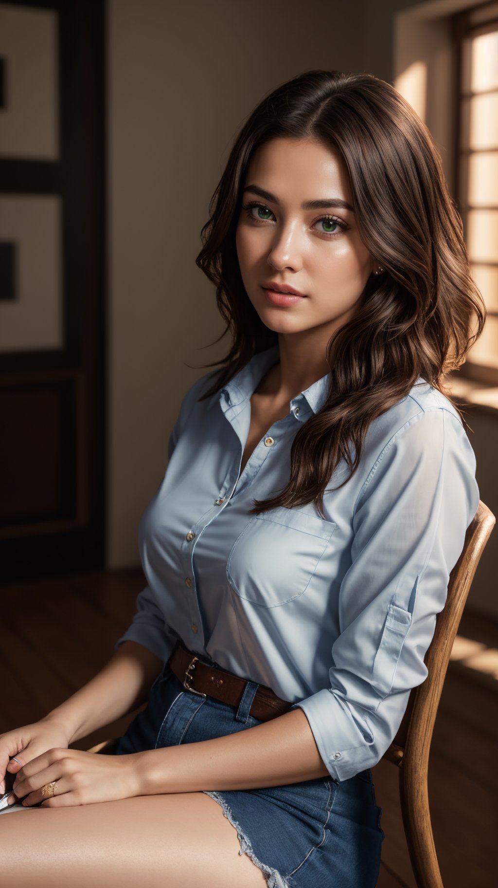 breathtaking 1girl, shirt, brown hair, chair, green shirt, grey eyes, lips, long hair, looking at viewer, realistic, shirt, simple background, sitting, small breasts, solo, woman, award-winning, professional, highly detailed, (masterpiece:1.3, realistic:1.3), best quality, ultra detailed, intricate, professional photography, HDR, High Dynamic Range, (8k UHD), RAW photo, dslr, realistic LUT, cinematic LUT, perfect lighting, professional lighting, cinematic lighting, cinematic shadows, iridescent lighting,