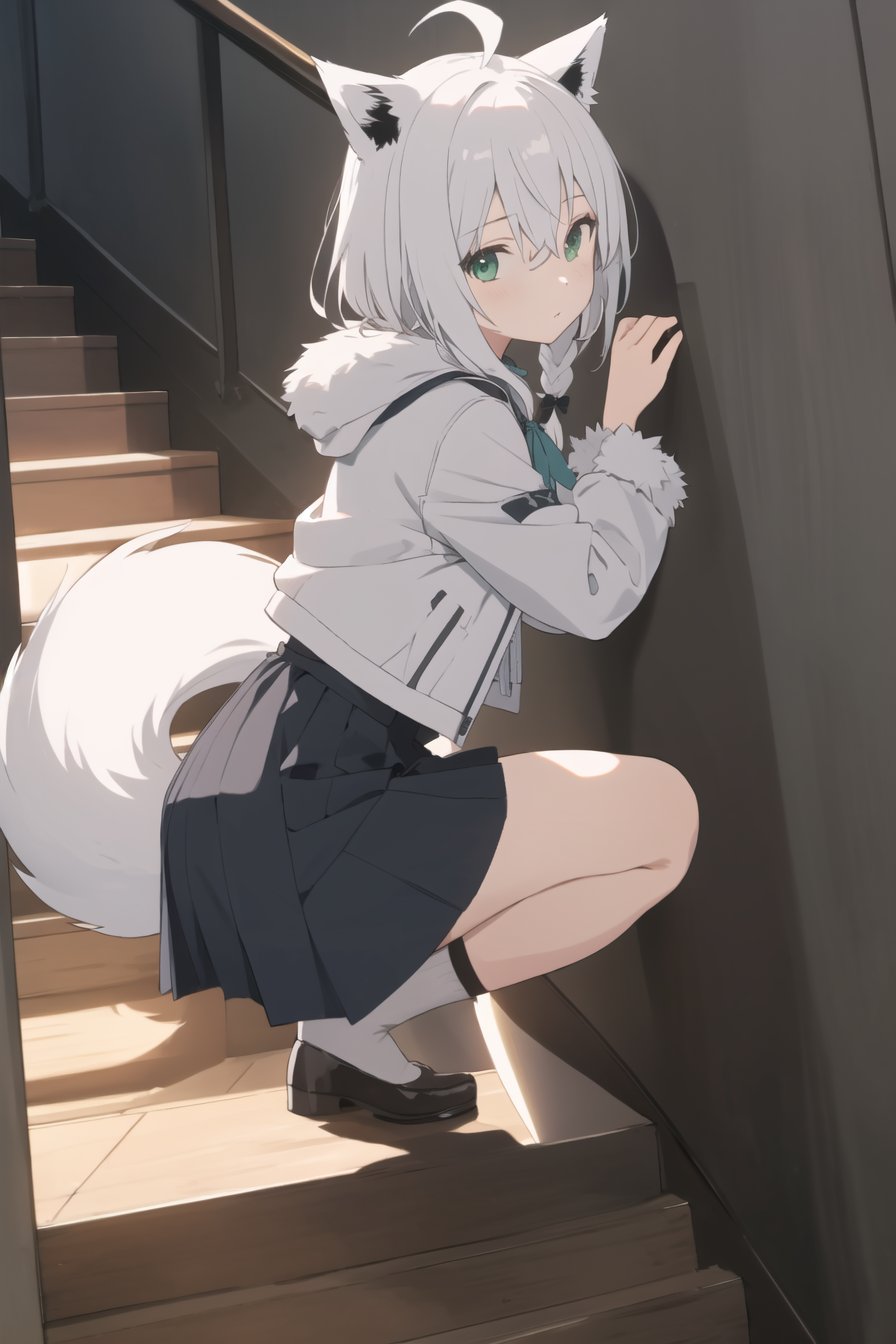 (masterpiece),best quality,from_side,Dark environment,Stand on one foot,Stand against the wall,One knee up,Lift one foot,Put foot against the opposite wall,1girl,shirakami fubuki,virtual youtuber,animal ears,fox ears,fox girl,white hair,fox tail,jacket,thigh strap,long hair,ahoge,bangs,braid,fur trim,green eyes,hair between eyes,stairs,sidelocks,looking at viewer,