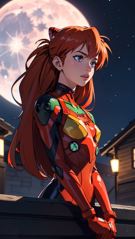 (best quality, masterpiece, colorful, dynamic angle, highest detailed)(Asuka Langley), upper body photo, fashion photography of cute red long hair girl (Asuka Langley), dressing high detailed Evangelion red suit (high resolution textures), in dynamic pose, bokeh, (intricate details, hyperdetailed:1.15), detailed, moonlight passing through hair, perfect night, (fantasy background), (official art, extreme detailed, highest detailed), HDR+