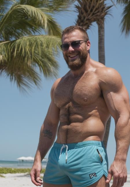 Malefocus, GS-MASCULINE:bara, hyperrealistic candid photograph of a man: (male, 30yo, satisfied, (250lbsstrongmanbodybuilder), wearing-small-gym-shorts, massive-bulge++, hard-vpl+, face-focus, sunglasses, tattoos, sweaty+, muscular-legs, ruddy-skin, strong-hands, shaggy-hair+, shaggy-beard+, body-hair+, perfect-hands, pec-cleavage, broad-shoulders, smiling, looking-at-viewer) outside, public beach, Flordia, bright sun shining day