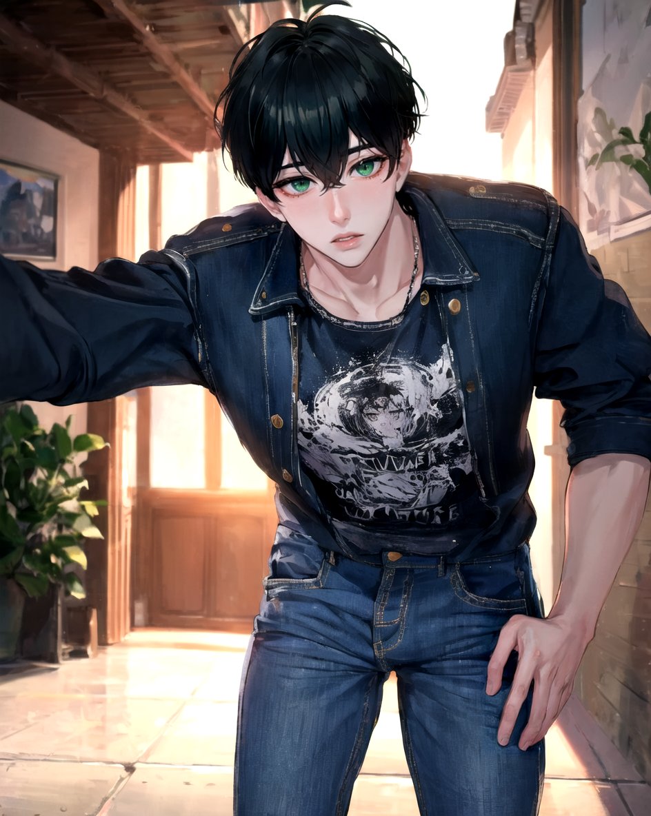 masterpiece, best quality, highly detailed background, perfect lighting, ((masterpiece)), depth of field, cinematic lighting, 1boy, Hamin, male focus, black hair, shirt, looking at viewer, hair between eyes, jeans,  green eyes,  eyes visible through hair, <lora:more_details:0.1>,  <lora:Hamin:1>