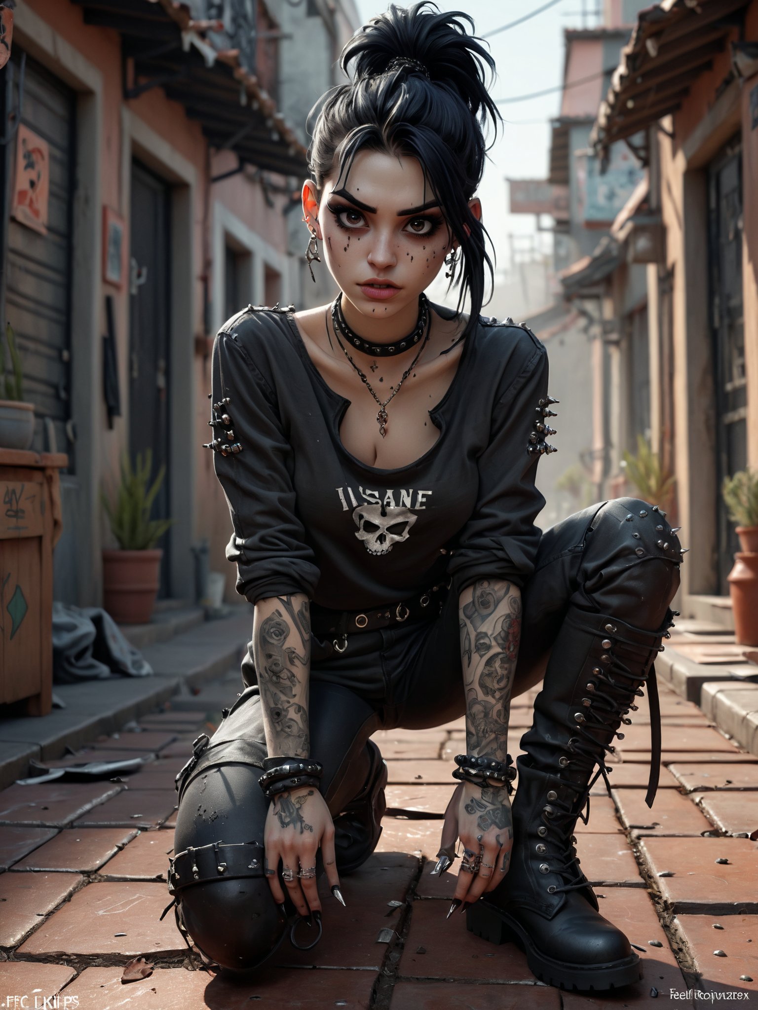 goth girl, her messy jet black hair is pulled back in a ponytail, the scars over her face are prominent but look old, she’s dressed all in black wearing a black long sleeve shirt covered in silver studs and spikes, tight black jeans, leather combat boots, she’s covered in tattoos, and piercings. character illustration by felicien rops, illustration, conceptual art,  epic action, Unreal Engine, cinematic award winning artwork, many details, extreme detailed, full of details,Wide range of colors., dramatic, Dynamic,Cinematic,Sharp details, Insane quality. Insane resolution. Insane details. Masterpiece. 32k resolution. casting shadow style, cucoloris patterned illumination,  dvr-lnds-sdxl, ral-dissolve, ral-ertmsphr, ral-porcelain, ral-pxlprtcl, Niji, aidma-niji