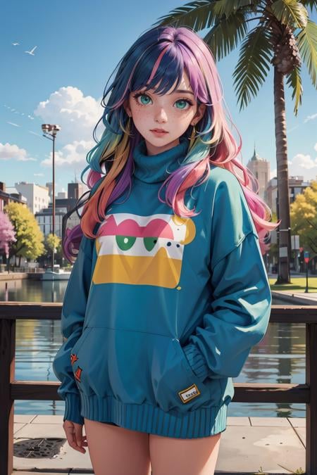 masterpiece, best quality,1girl,  <lora:OversizedClothes_FefaAIart:1>,rainbow hair, multicolored, long hair, freckles, green eyes, blue sky, at park,oversized sweater,