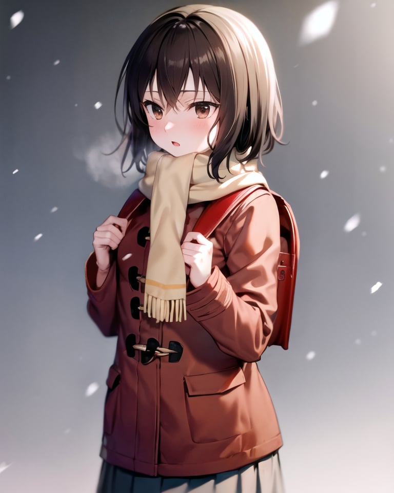 masterpiece, best quality, absurdres, hinazuki kayo, 1girl, solo, red coat, yellow scarf, backpack, randoseru, pleated skirt, snowing, 