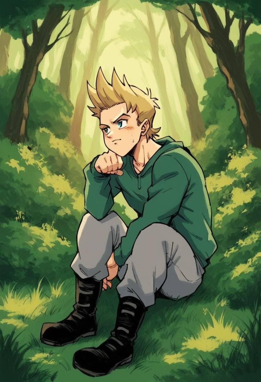 score_9, score_8_up, score_7_up, score_6_up, score_5_up, score_4_up,source_anime,Siesta,Color, in forest, green long sleeve sweatshirt, grey pants, black boots, blonde hair