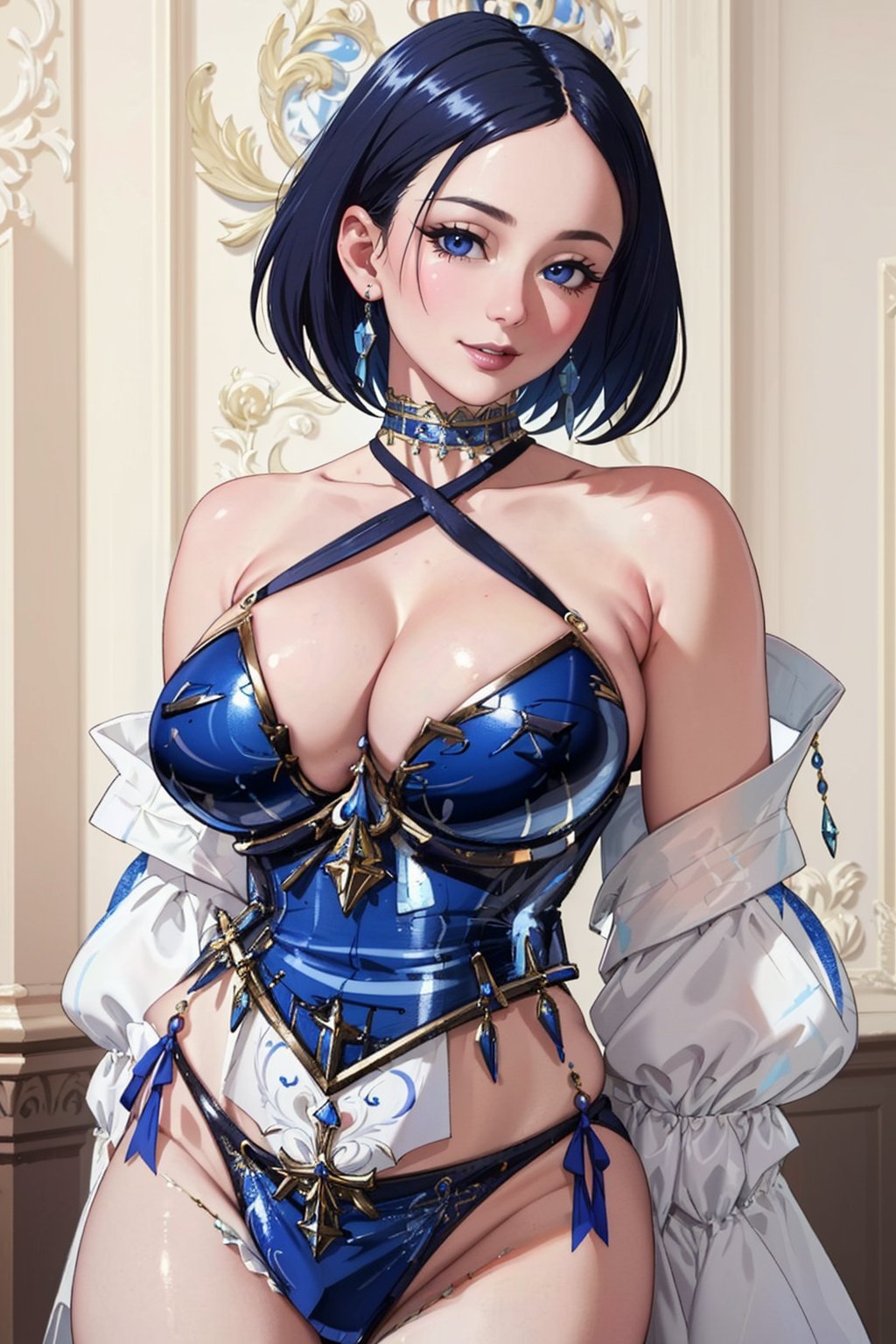 ((Masterpiece, best quality,edgQuality)),smile,edgPorcelain, a woman with a blue and white corset ,wearing edgPorcelain_corset<lora:edgPorcelainCorset:1>((edgCCH, collarbone, halterneck ,criss-cross halter))<lora:edgCrissCrossHalter:1>