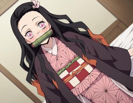 score_9, score_8_up, score_7_up, source_anime,nezukokamado, <lora:nezuko-kamado-anime-ponyxl-lora-nochekaiser:1>,nezuko kamado, black hair, forehead, hair ribbon, long hair, multicolored hair, pink eyes, orange hair, slit pupils, wavy hair, two-tone hair,bamboo, bit gag, gag, gagged, asa no ha \(pattern\), checkered sash, haori, japanese clothes, kimono, long sleeves, obi, pink kimono, sash, wariza, wide sleeves,indoors, bed, bed room, on side, blush, drunk,solo, dutch angle, looking at viewer, cowboy shot,