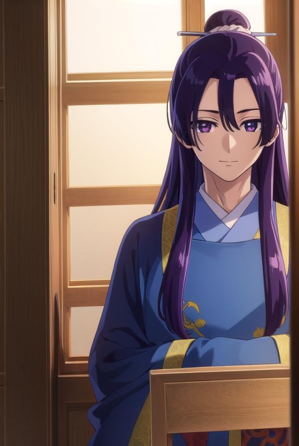 jinshi, <lora:jinshi s1-lora-nochekaiser:1>,jinshi, long hair, (purple eyes:1.1), purple hair, male focus, hair bun, (parted bangs:1.5), smile,BREAK long sleeves, wide sleeves, chinese clothes, robe, hanfu,BREAK indoors,BREAK looking at viewer, (cowboy shot:1.5),BREAK <lyco:GoodHands-beta2:1>, (masterpiece:1.2), best quality, high resolution, unity 8k wallpaper, (illustration:0.8), (beautiful detailed eyes:1.6), extremely detailed face, perfect lighting, extremely detailed CG, (perfect hands, perfect anatomy),