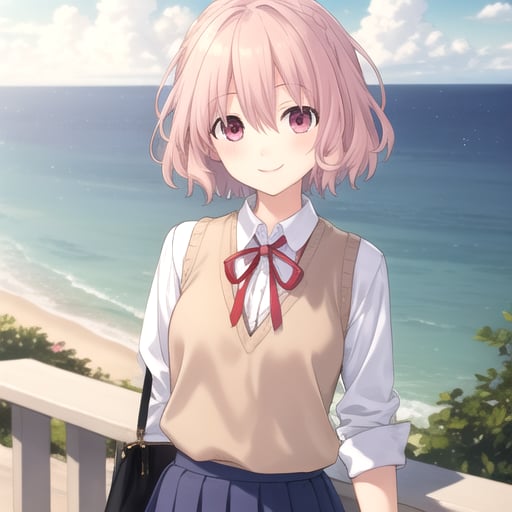 ((masterpiece)),(best quality),official art,extremely detailed CG,unity 8k wallpaper,ultra detailed,A lighthouse on a cliff by the sea,1girl,solo,upper body,(portrait:1.2),looking at viewer,sonogami rinne,white shirt,medium hair,beige vest,blue skirt,blush,collared shirt,braid,hair between eyes,pink hair,pink eyes,red ribbon,pleated skirt,smile,white socks,loafers,<lora:Sonogami Rinne(dal)>,<lora:TSNeptunia-000045:0.5>,