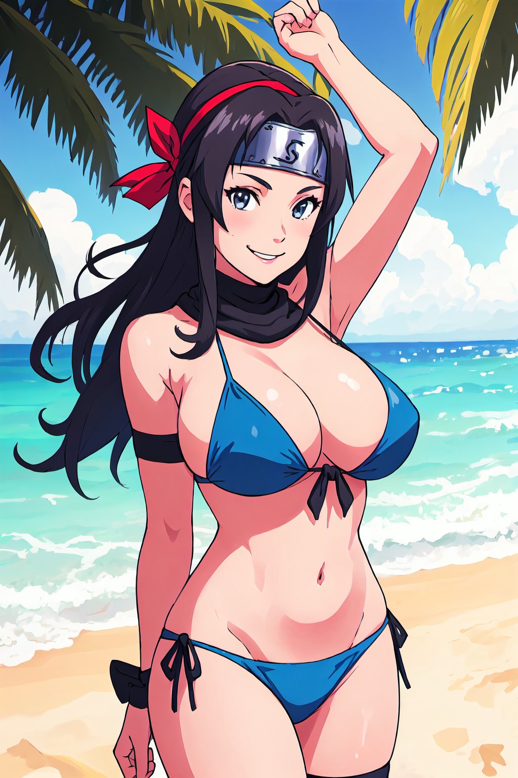 <lora:KishimotoStyle_1-step00002900:0.7>, solo, 1girl, forehead protector, headband, black headband, konohagakure symbol, large breasts, bikini, beach background, sunshine, beautiful, smiling, looking at viewer, cowboy shot