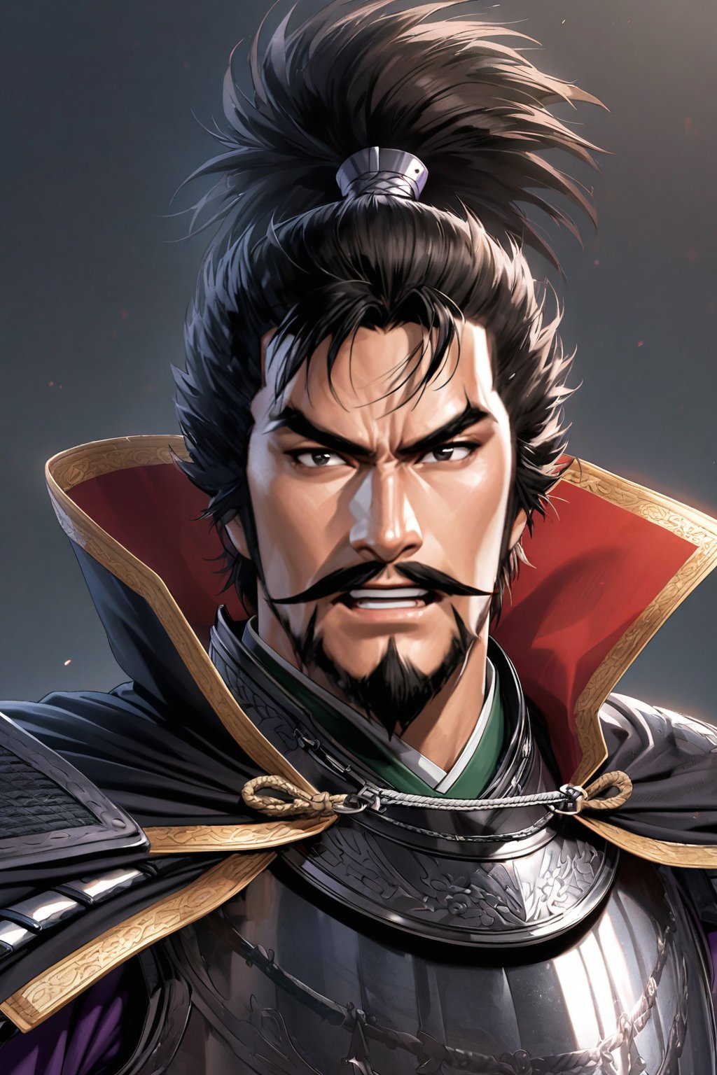 oda nobunaga, samurai, 1man, solo, japanese, male, chonmage, topknot, updo, mantle, samurai armor, mature male, facial hair, mustache, beard, black eyes,(masterpiece, 16k, high-quality, breathtaking, highres, ultra detailed), (perfect face) (high-quality, breathtaking, highres, ultra detailed), (expressive eyes, perfect face) <lora:oda nobunaga 2:1>