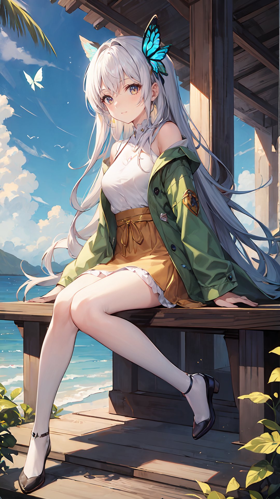 a girl,full_body,facial imprint,light green coat,yellow robe,1girl,hakuhatsu,front view,full_body,sit down,bright light,solo,breasts,looking at viewer,sky,blue sky,bug,butterfly,branch,<lora:激萌清晰调节:0.3>,