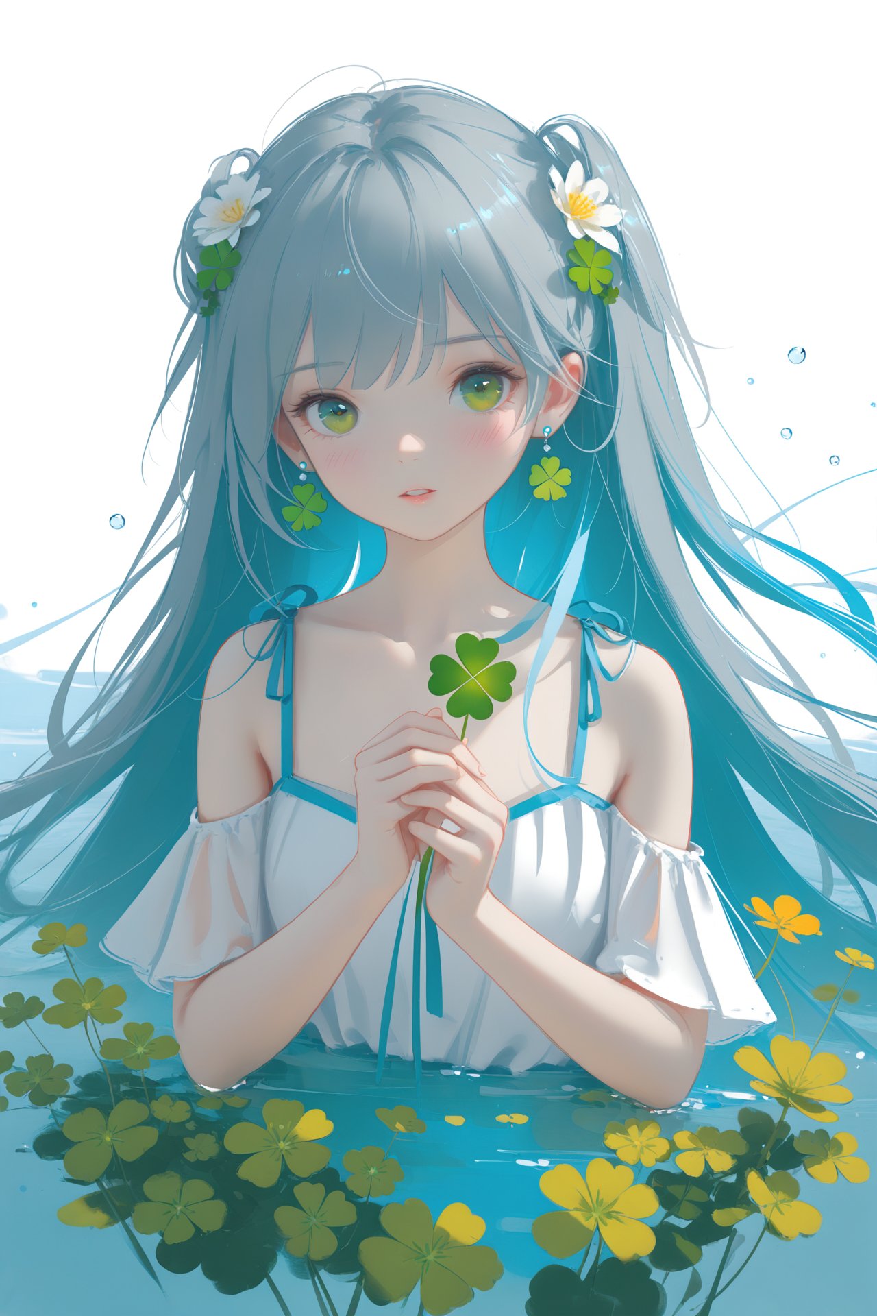 masterpiece,best quality,high quality,(colorful),[Artist sk (askzy)],[Artist wlop],Artist SHC,1girl,Luo Tianyi (Vocaloid),clover,solo,long hair,green eyes,four-leaf clover,dress,flower,own hands together,looking at viewer,water,hair ornament,parted lips,very long hair,bangs,earrings,white background,jewelry,bare shoulders,upper body,white dress,hair flower,ribbon,simple background,hands up,blush,