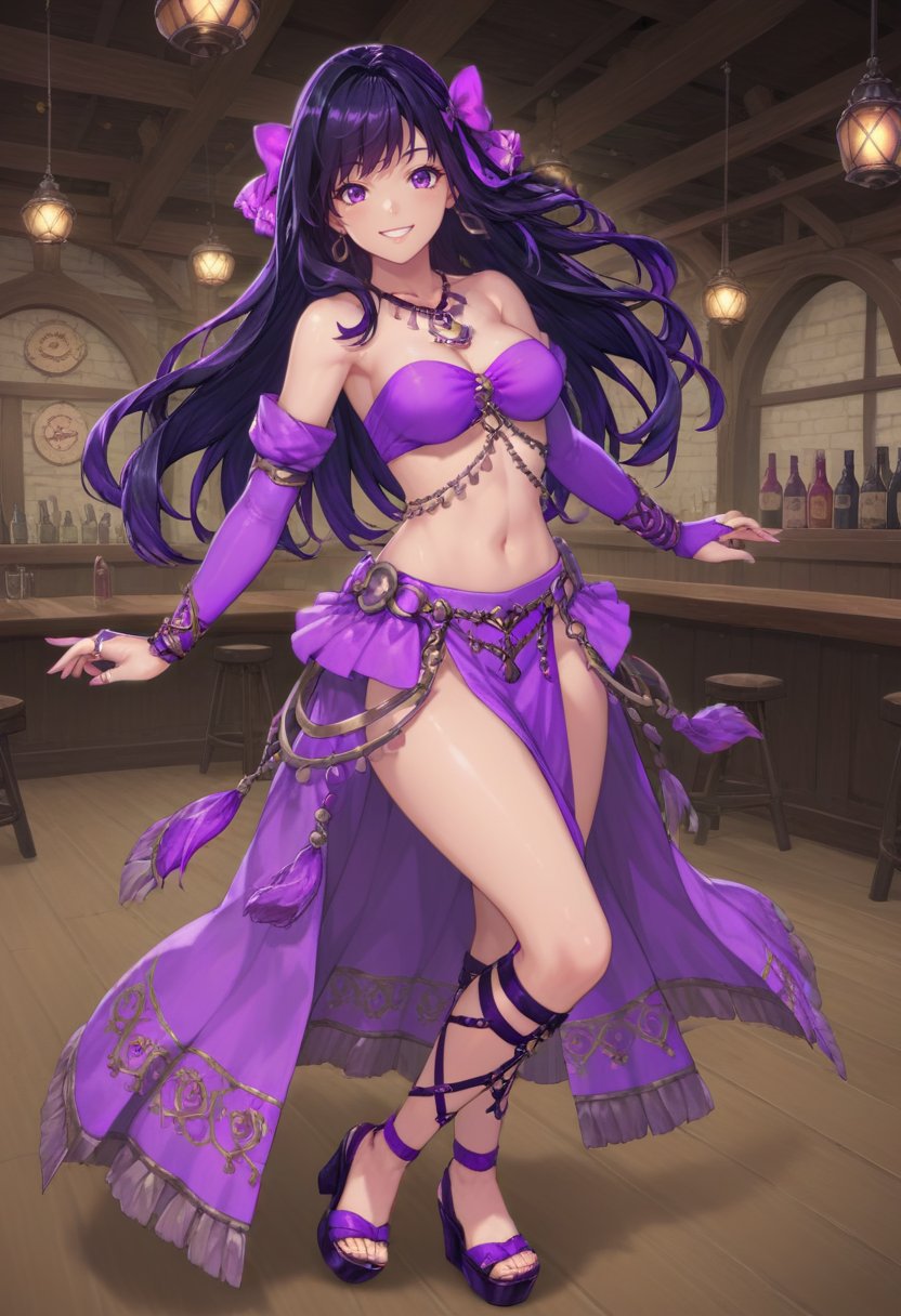 score_9, score_8_up, score_7_up, source_anime, ((1girl, solo):1.5), black hair, purple eyes, tavern, on stage, long hair,BREAK full body, looking at viewer, smile, sandals, bridal gauntlets,  necklace, hair bow, bow, breasts, skirt, midriff, navel, bare shoulders, (purple clothing:1.5), wedge heels,  <lora:DncAf:.75> dncaf, dancing, 