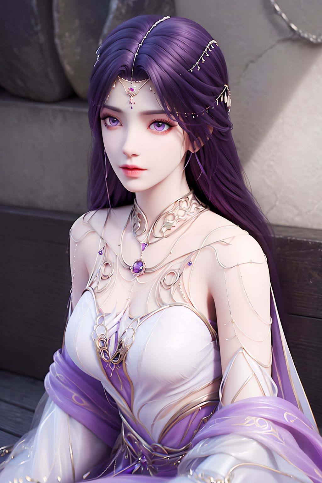 crystalstexture skin,best quality,masterpiece,ultra detailed,8k,RAW photo,realistic,photorealistic,ultra-detailed,intricate detail,extremely detailed,delicate pattern,masterpiece,looking at viewer,<lora:C_完美世界_云曦_天命石_FEB_1.1:0.7>,1girl,hair ornament,purple hair,solo,dress,strapless dress,long hair,jewelry,purple eyes,necklace,earrings,bare shoulders,sitting,