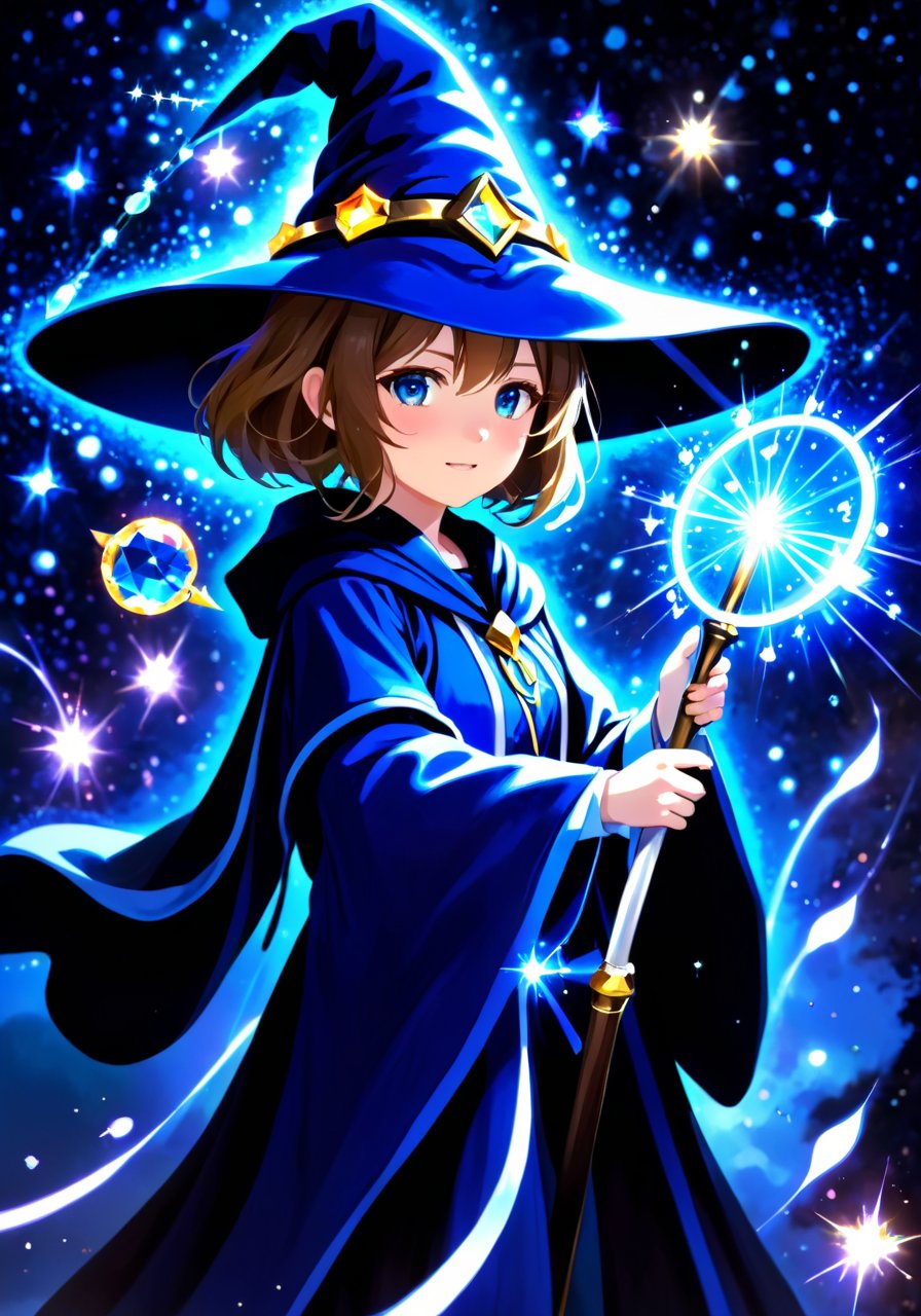 realistic, 1girl, solo, wizard hat, robe, holding staff, on magic circle, sparkles, light particles, crystal, prism, glowing light,wani wani panic,speech bubble saying "DeepBlue",