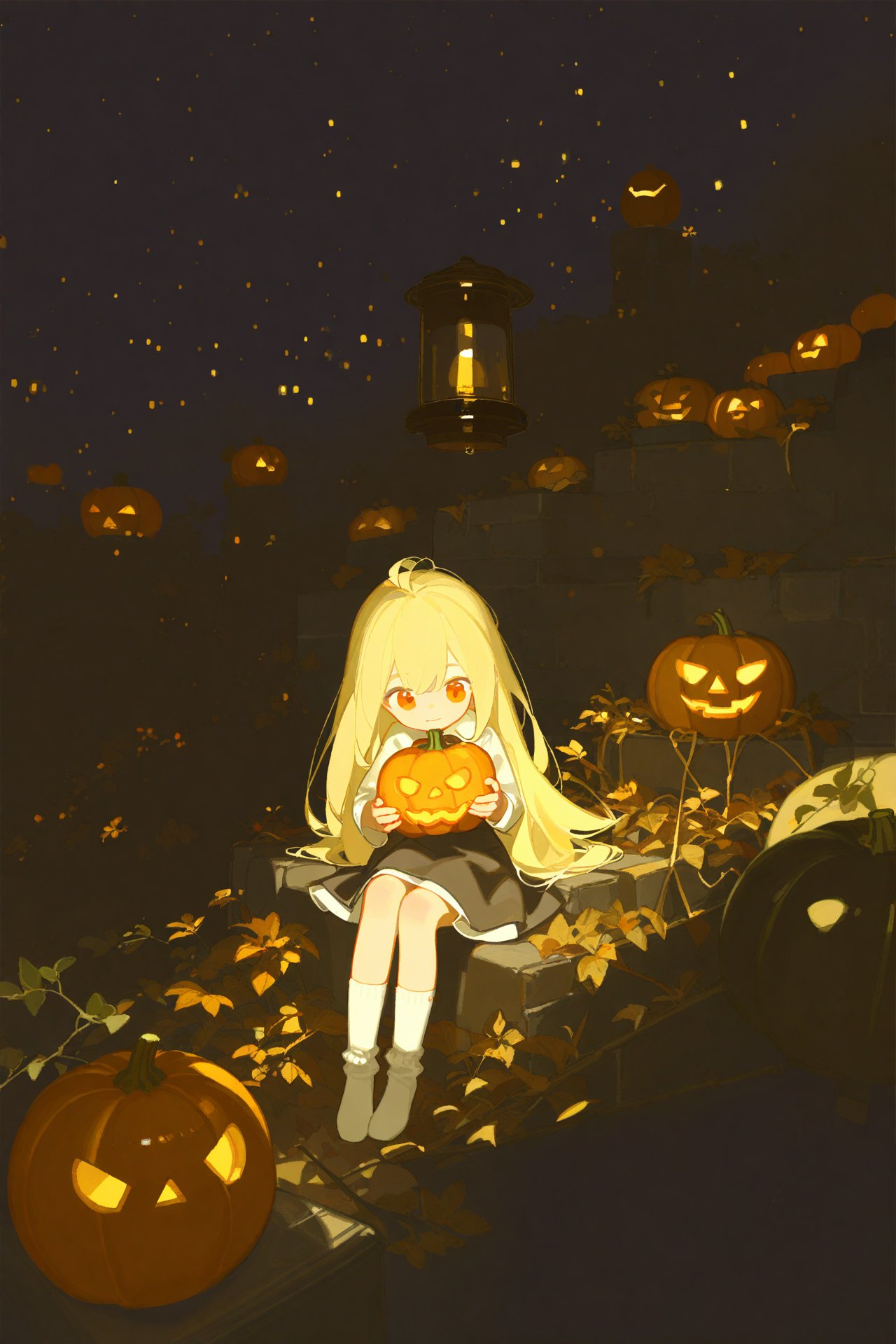 artist:ciloranko,artist:chenbin,artist:tianliang duohe fangdongye,bright outline,1girl,solo,long_hair,blonde_hair,sitting,socks,pumpkin,lantern,