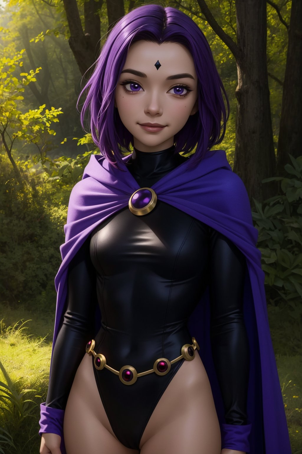 raven, 1girl, solo, purple eyes, purple hair, short hair, colored skin, grey skin, forehead jewel,black leotard, long sleeves, belt, purple cape,smile,closed mouth,naughty face,cowboy shot,upper body,forest,outdoor,(insanely detailed, beautiful detailed face, masterpiece, best quality) cinematic lighting,<lora:Raven_v3:1>, <lora:more_details:0.3>,