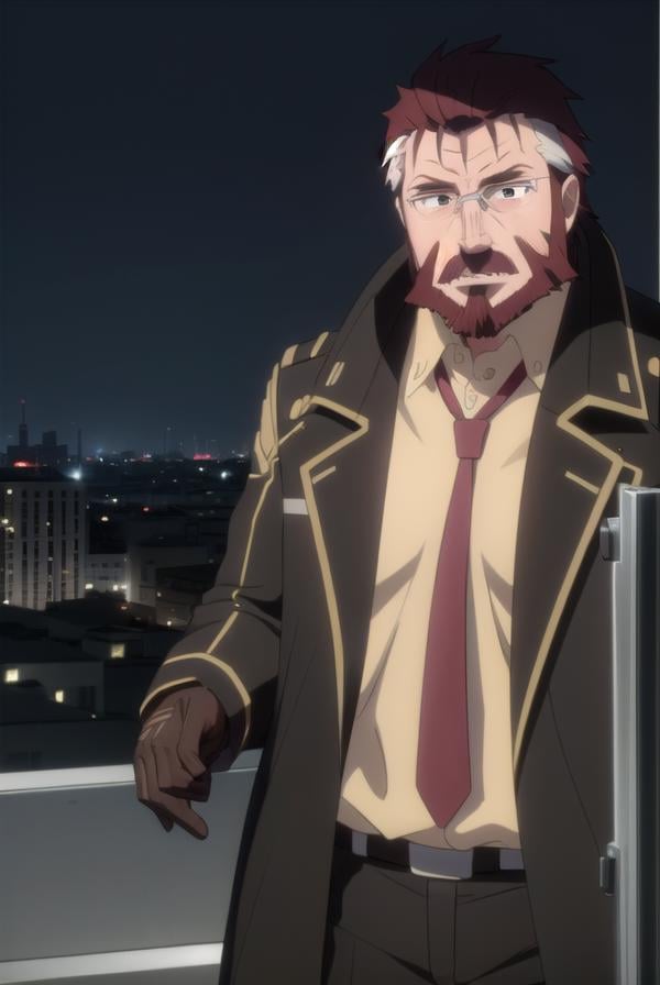 blitztalker, <lora:blitz talker s1-lora-nochekaiser:1>,blitz talker, brown hair, male focus, red hair, multicolored hair, facial hair, scar, (black eyes:1.5), beard, glasses,BREAK shirt, gloves, necktie, black gloves, coat, yellow shirt,BREAK outdoor, city, night, sky, buildings, moon, clouds,BREAK looking at viewer, (cowboy shot:1.5),BREAK <lyco:GoodHands-beta2:1>, (masterpiece:1.2), best quality, high resolution, unity 8k wallpaper, (illustration:0.8), (beautiful detailed eyes:1.6), extremely detailed face, perfect lighting, extremely detailed CG, (perfect hands, perfect anatomy),