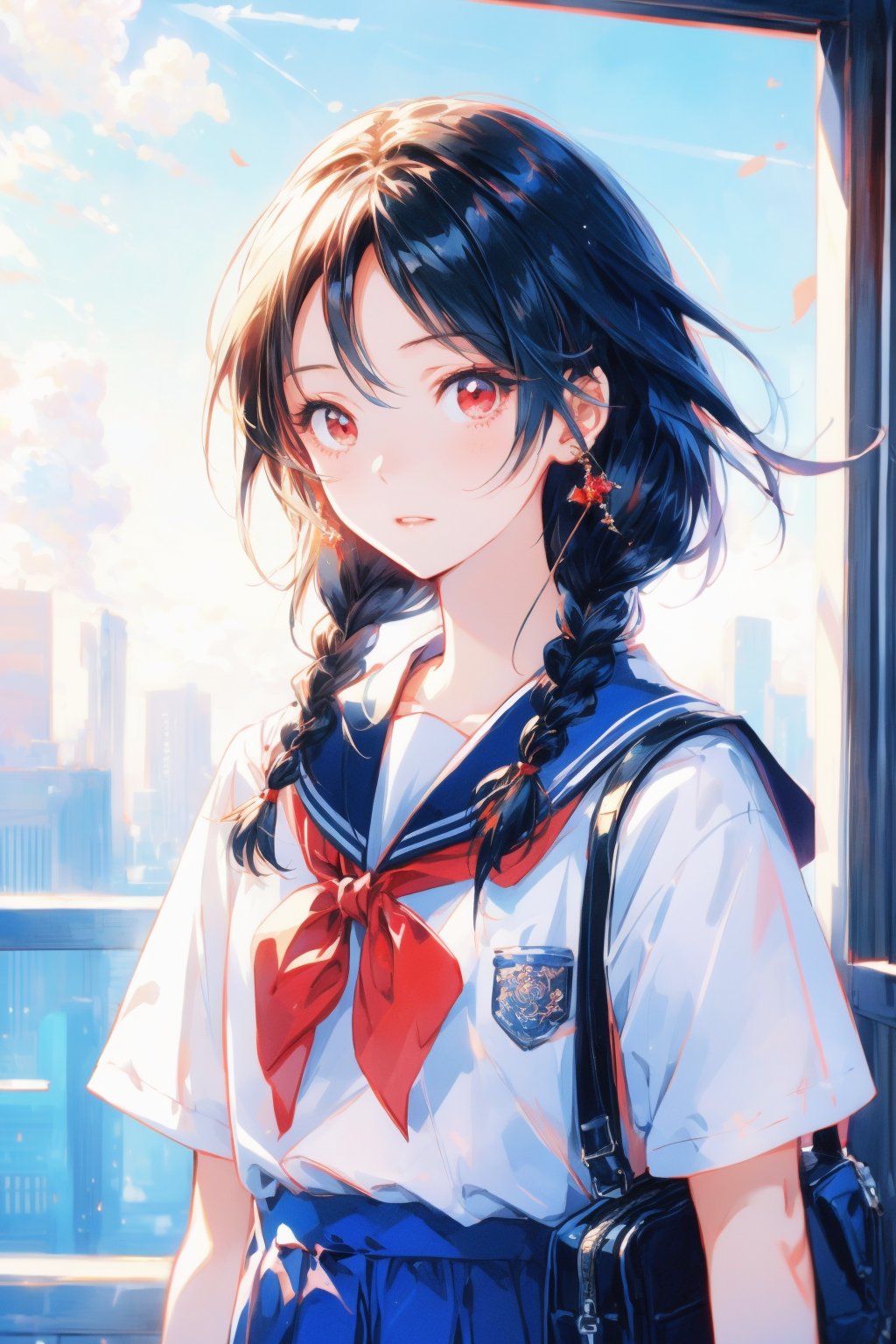 Anime style illustration,1girl,short black hair,red eyes,looking at viewer,half body,holding a school bag,wearing a seifuku,under the clear day sky,high resolution illustration,A full art illustration in a flat anime style,her twin braids and jewelry adding to her charm. An upper body portrait of this unique character with one eye red,<lora:menghuangan_max:0.7>,<lora:fanguang_V1-000014:0.5>,<lora:add_detail:0.5>,