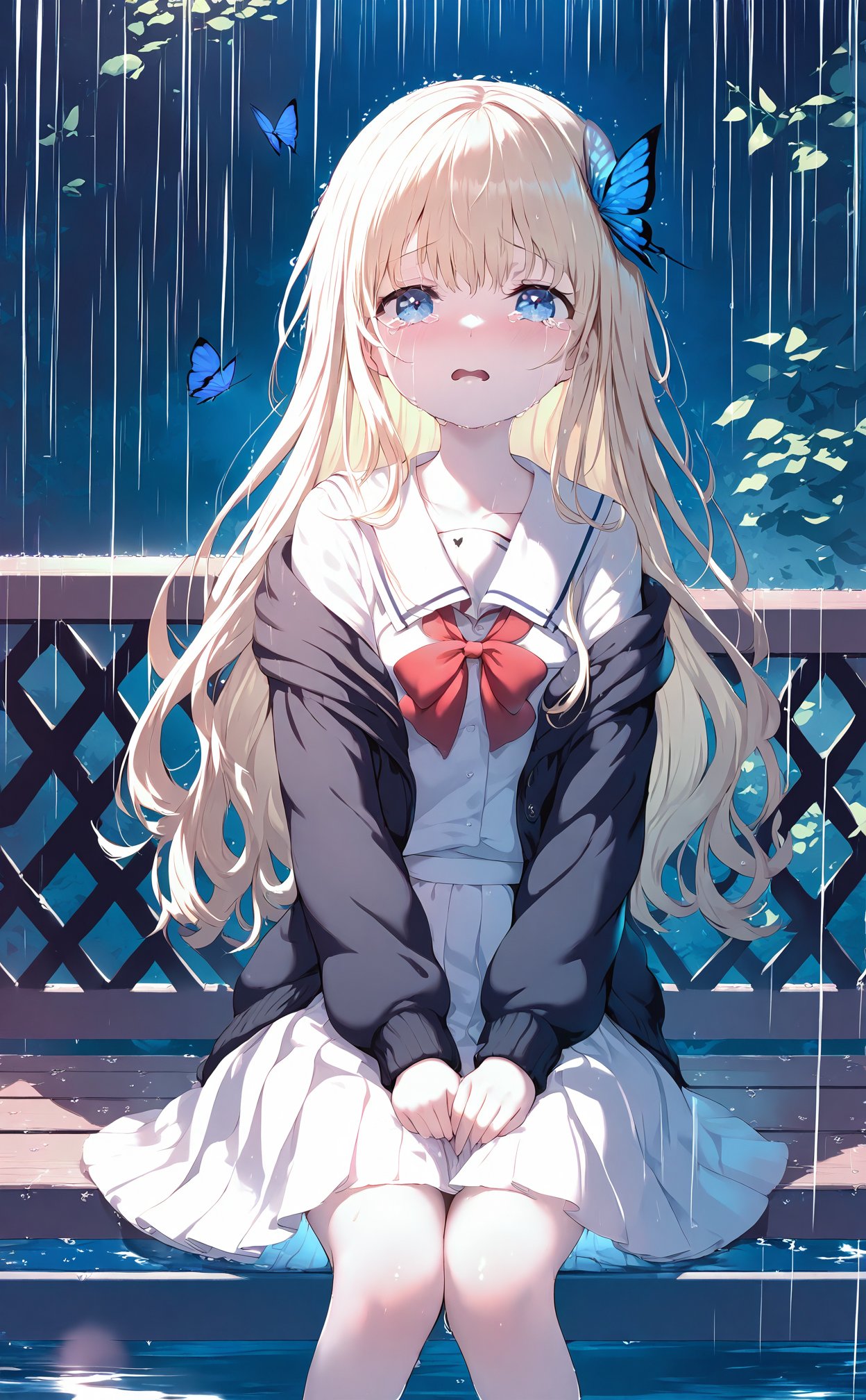 masterpiece,best quality,high quality,(colorful),loli,1girl, butterfly, bug, blonde hair, rain, solo, blue eyes, bow, long hair, hair ornament, sitting, blue butterfly, white shirt, tears, shirt, red bow, bowtie, crying, jacket, crying with eyes open, bench, skirt, outdoors, off shoulder, red bowtie, sailor collar, on bench, black jacket, sitting on bench, school uniform, long sleeves, wet, butterfly hair ornament, black cardigan, feet out of frame, open mouth, open clothes, parted lips, hand between legs, tearing up, white sailor collar, blush, water, between legs, open jacket, white skirt