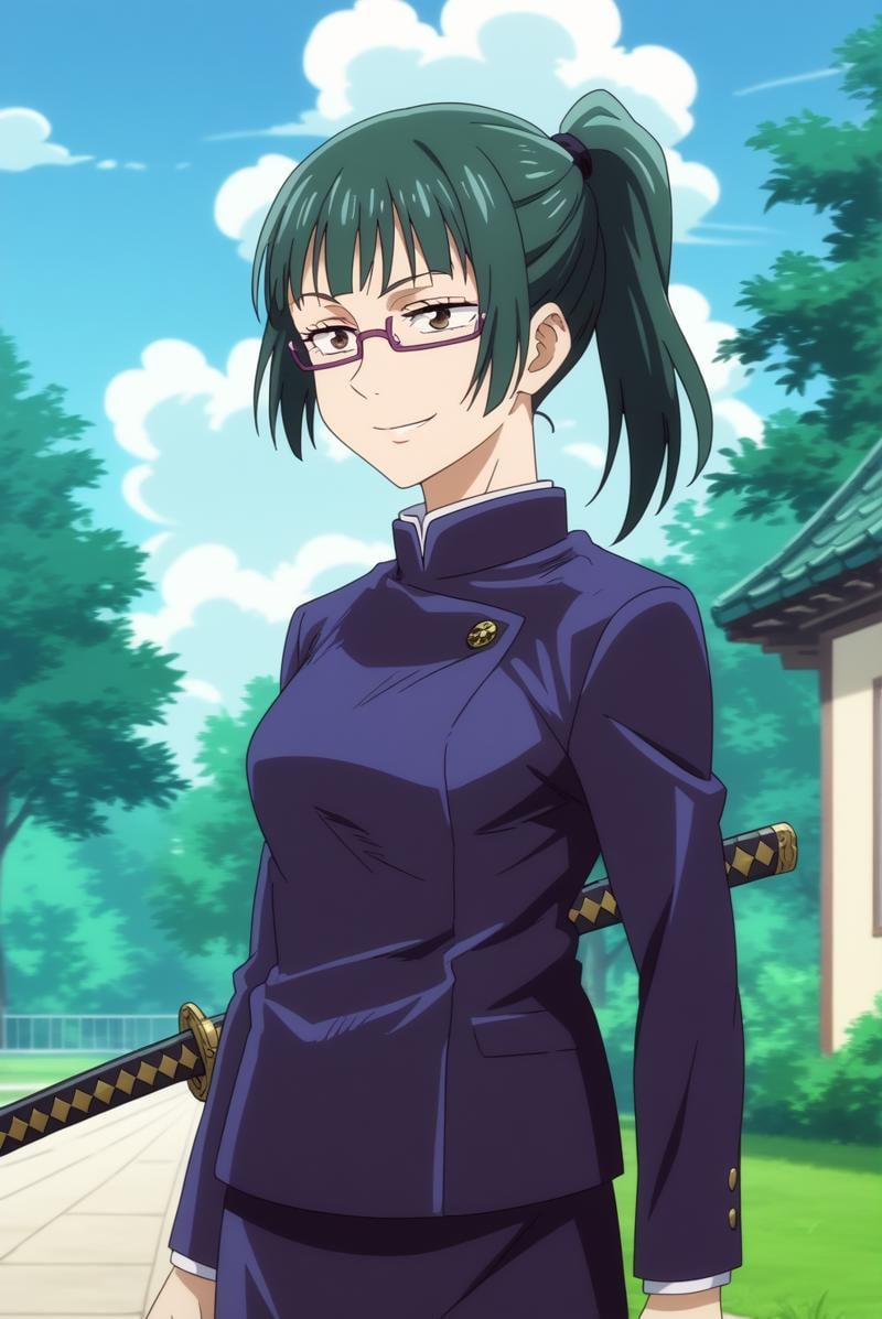 maki zenin,anime screencap,1girl,solo,mature,long hair,glasses,school uniform,ponytail,bangs,outdoors,weapon,smile,katana <lora:Maki Zenin - PDXL2.safetensors:0.8>