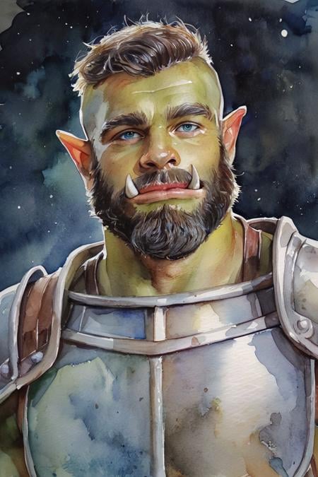 score_9, score_8_up, score_7_up, rating_safe, watercolor \(medium\), traditional media, realistic, 1boy, solo, male focus, mature male, orc, green skin, tusks, blue eyes, short hair, black hair, facial hair, beard, mustache, looking at viewer, armor, shoulder armor, breastplate, pauldrons, upper body, closed mouth, standing, outdoors, night, night sky, dark background <lora:Watercolor Painting Style LoRA_Pony XL v6:0.7>