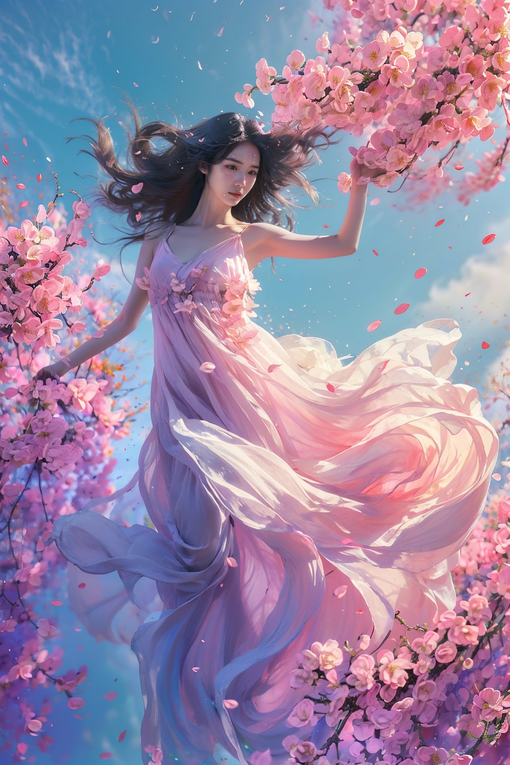 sdmai, fengwu, 1girl, dress, solo, long hair, black hair, white dress, cherry blossoms, flower, wind, petals, sky, pink flower, day