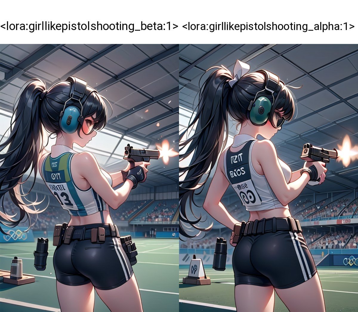 ((pistol shooting)), ((firing range)), (holding air handgun), muzzle flash, aiming at viewer and target, player uniform, sleeveless, sports shorts, ear defenders, fingerless gloves, olympic games venue, wind, steam, sweat, shadow, 1girl, black hair, updo, big tits, from behind, pov, standing, ((tinted eyewear)), <lora:girllikepistolshooting_beta:1>