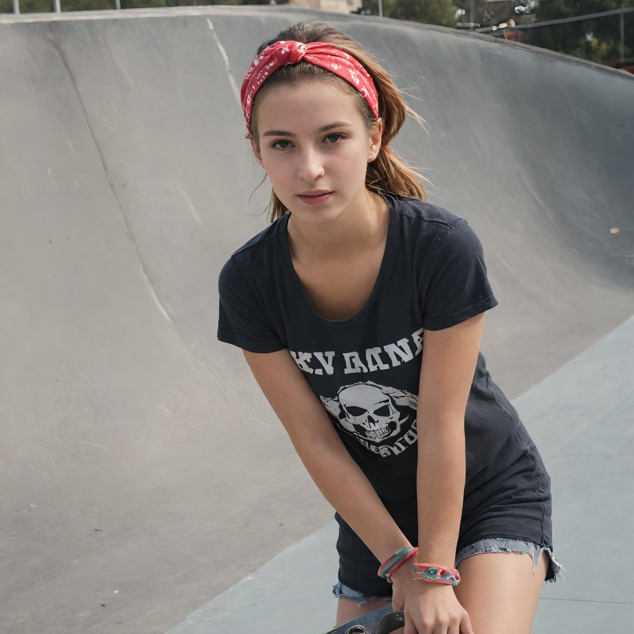 portrait of a skater girl, sk8ter girl, Casual, cool, rebellious, skateboard-toting, street-smart, athletic, independent, trendy, daring, bandana, mid riff, back ground skate park