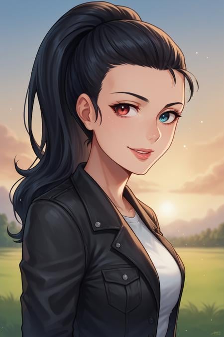 score_9, score_8_up, score_8, <lora:Everlasting_Summer_Viola:0.7>, viola, ponytail hair, heterochromia eyes, left eye red, blue eye blue, 1girl, solo, blue eyes, heterochromia, ponytail, red eyes, black hair, lipscute, smile, mature,jeans, white tshirt, black leather jacketoutside, spring, amazing background, sky, clouds, sunset, portrait, bokeh, 